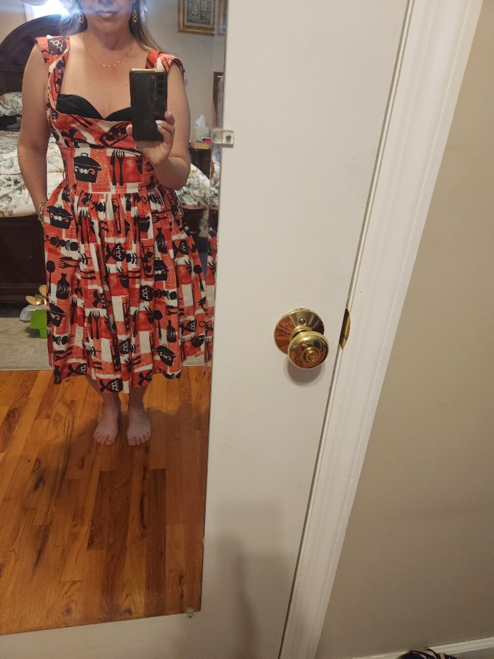 Bernie Dexter Vintage Red/Black/White Picnic Print Dress Pockets Size L (8) USA